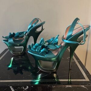 Gianmarco Lorenzi Teal Platform Floral Extreme Heels 39 RARE